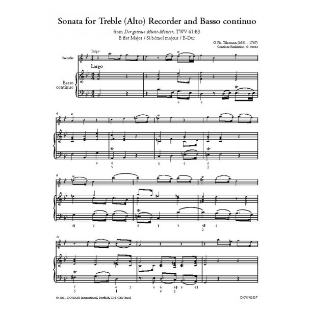 Sonata for Treble (Alto) Recorder and BC : from Der getreue Music-Meister, TWV 41:B3 B flat Major